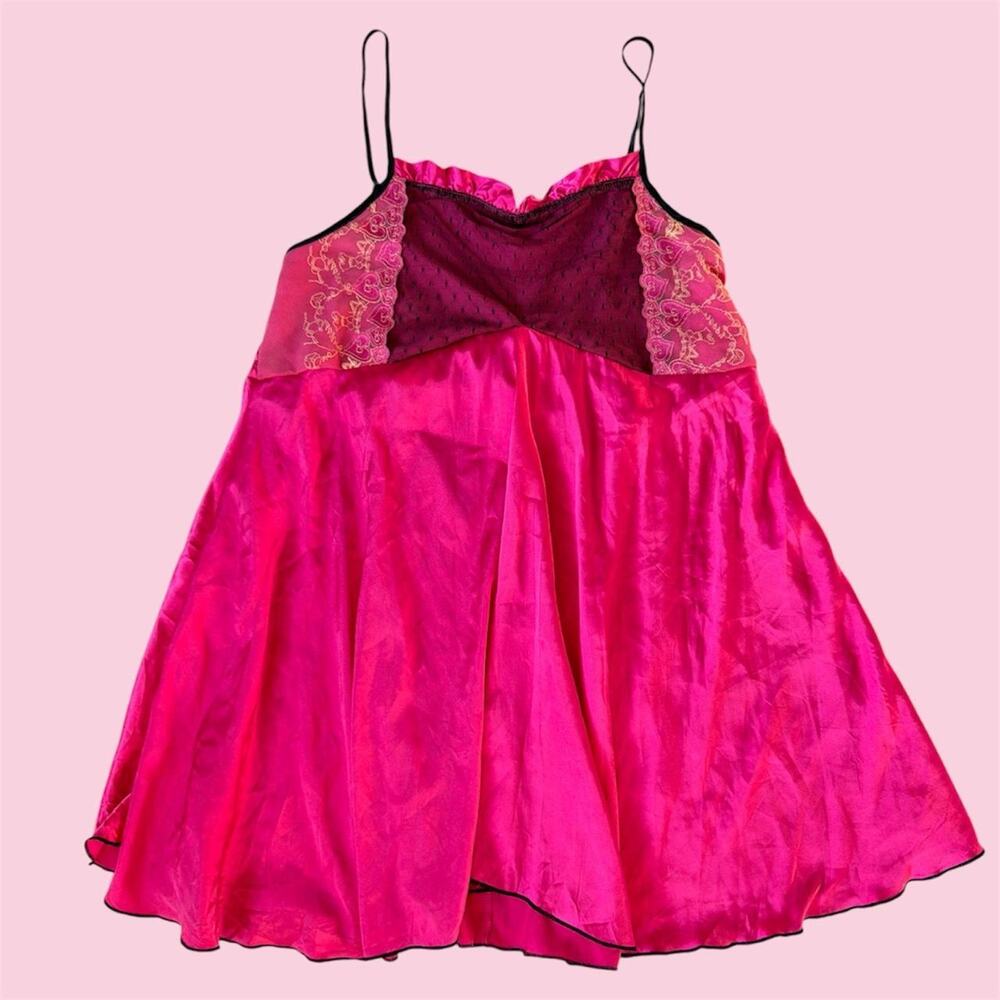 Pink fairycore satin slip dress with lace trim and gold floral embroidery